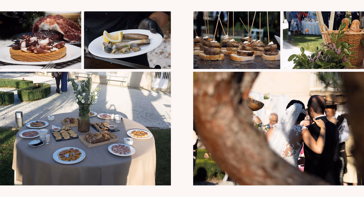 Mesa de aperitivos de boda con pulpo á feira y pinchos variados servidos por Sens Restauración
